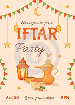 Iftar party invitation. Greeting card ramadan kareem or eid mubarak celebration, sweet dates event islamic religion