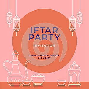 Iftar party invitation poster template design with mosque and lantern lamp monoline vector illustration