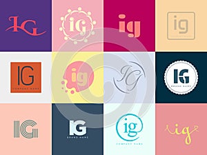 IG logo company template. Letter i and g logotype. Set different classic serif lettering and modern bold text with design elements photo