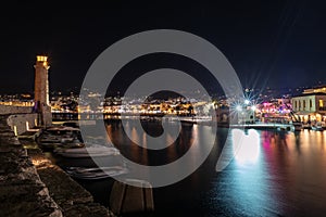 Ight view of Rethymno town harbor at Crete island, Greece
