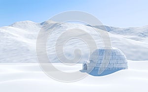 Igloo isolated in snowfield with snowy mountain, Arctic landscape scene photo