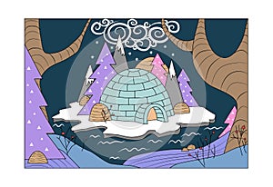 Igloo made from ice bricks. Fairy north illustration.
