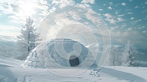 An igloo sits on a snowy field under the cloudy sky