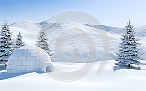 Igloo in snowfield with snowy mountain and pine tree covered with snow, Arctic landscape scene