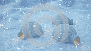 Igloo standing against the winter landscape and snowdrifts. Strong wind and snow storm, 3d animation