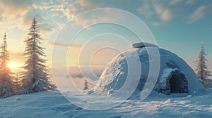 An igloo surrounded by snowy landscape under a cloudy sky