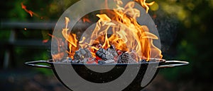 An Ignited Portable Bbq Grill With Live Flame And Charcoal, Ready For Grilling