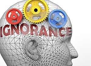 Ignorance and human mind - pictured as word Ignorance inside a head to symbolize relation between Ignorance and the human psyche,