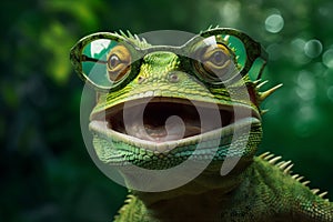iguana animal glasses wildlife green portrait scale lizard reptile close-up. Generative AI.