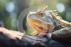 iguana basking in sunlight on a tree limb