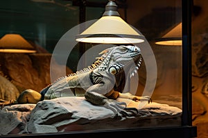 iguana basking under a lamp on a rock in a large glass vivarium