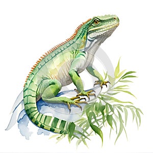 Iguana in cartoon style. Cute Little Cartoon Iguana isolated on white background. Watercolor drawing, hand-drawn Iguana in