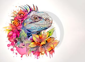 An iguana head and beautiful tropical flowers on clean background. Reptile.