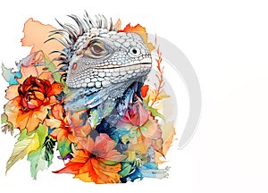 An iguana head and beautiful tropical flowers on clean background. Reptile.