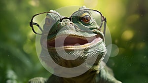 iguana reptile wildlife glasses animal scale close-up green lizard portrait. Generative AI.