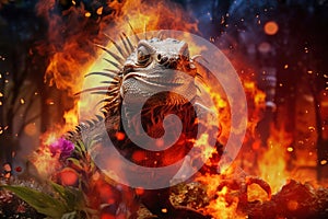 An iguana sits in front of a fire, a symbol of wildlife struggling against environmental destruction from forest fires