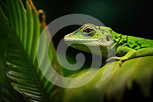 An iguana is sitting on a leaf in the dark, AI