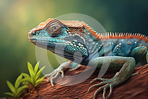 Iguana sunbathing on a branch, climbing a tree, close-up lizard - Generative AI