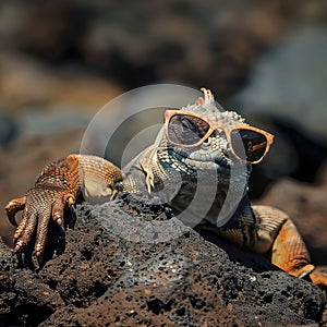 An iguana with sunglasses lounging on the sun drenched rocks of the Galapagos evolutions wonders
