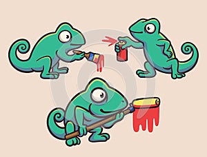 Iguanas paint with brush, spray paint and brush roller animal logo