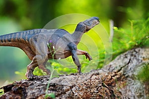 Iguanodon dinosaurs toy on on the big tree in the deep forest