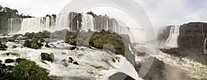 Iguazu falls: panoramic view with multiplicity of water walls. Argentina and Brasil