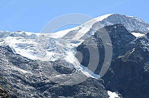 Iice-stream-glacier in european alps and rocky mountains under blue sunny sky