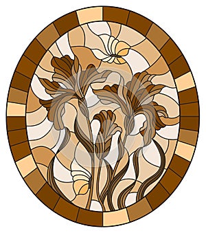An iIllustration in stained glass style flower of purple irises and butterflies in a frame,oval image, tone brown