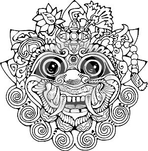 Iilustration of a Thai mask. Black and white drawing of the eastern deity