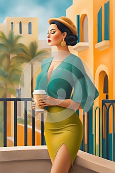 iilustration of voluptous female model having latte macchiato relax outdoors poolside in villa