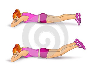 Iinverted scissors, Girl lies face down on the folded hands and performs an exercise to strengthen the muscles of the buttocks