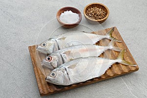 Ikan Kembung, Kembung Fish or Mackerel Fish on wooden chopping board.