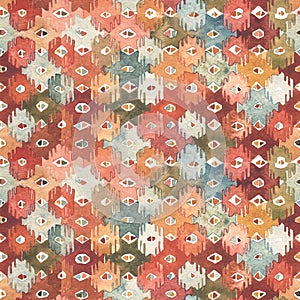 Ikat embroidery vintage watercolor seamless pattern. Watercolor Textured Ethnic Boho design.