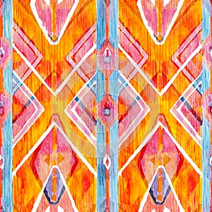 Ikat geometric red and orange authentic pattern in watercolour style. Watercolor seamless .