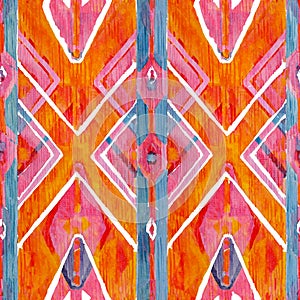 Ikat geometric red and orange authentic pattern in watercolour style. Watercolor seamless .