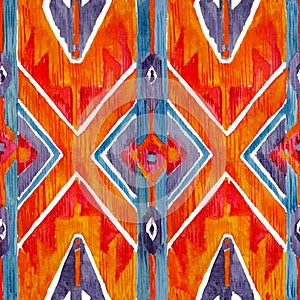 Ikat geometric red and orange authentic pattern in watercolour style. Watercolor seamless .