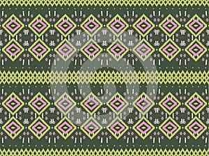 Ikat pattern as ethnic fabric in green tone with stripe line bar. Wallpaper seamless pattern design in two tone of green and pink.