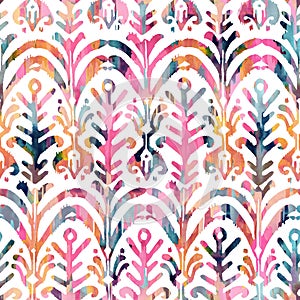 Ikat watercolor seamless pattern. Floral vibrant watercolour .