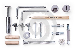 Ikea, set of tools and mounting elements for furniture on white background. Top view