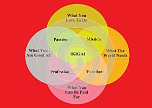 The Ikigai chart diagram with detailed descriptions red backdrop