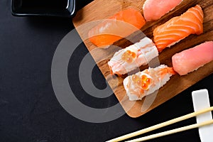 Ikura salmon roe on prawn sushi and sashimi sushi
