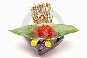 Ikura sashimi (Salmon roe) in black bowl Japanese style on white