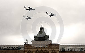 IL-76MD military transport aircraft over Moscow`s Red Square during an air parade dedicated to Victory Day
