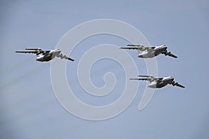 IL-76MD military transport planes over Moscow`s Red Square during the dress rehearsal of the Victory Day air parade