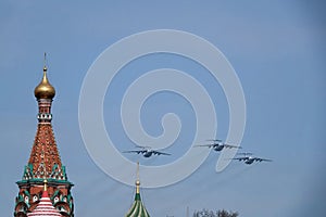 IL-76MD military transport planes over Moscow`s Red Square during the dress rehearsal of the Victory Day air parade