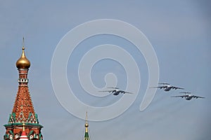 IL-76MD military transport planes over Moscow`s Red Square during the dress rehearsal of the Victory Day air parade