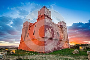 Il-Mellieha, Malta - The famous St Agatha`s Tower or Red Tower at sunset