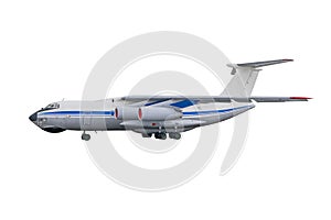 IL-76 military jet. Soviet cargo aircraft Ilyushin IL76T isolated on white background. Candid - NATO codification photo