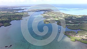 Ile aux Cerfs, Deer Island from above. Landscape with ocean and tree in background. Mauritius