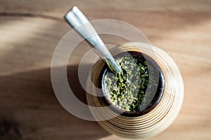 Ilex paraguariensis, Yerba Mate Green tea leaves macro shot.